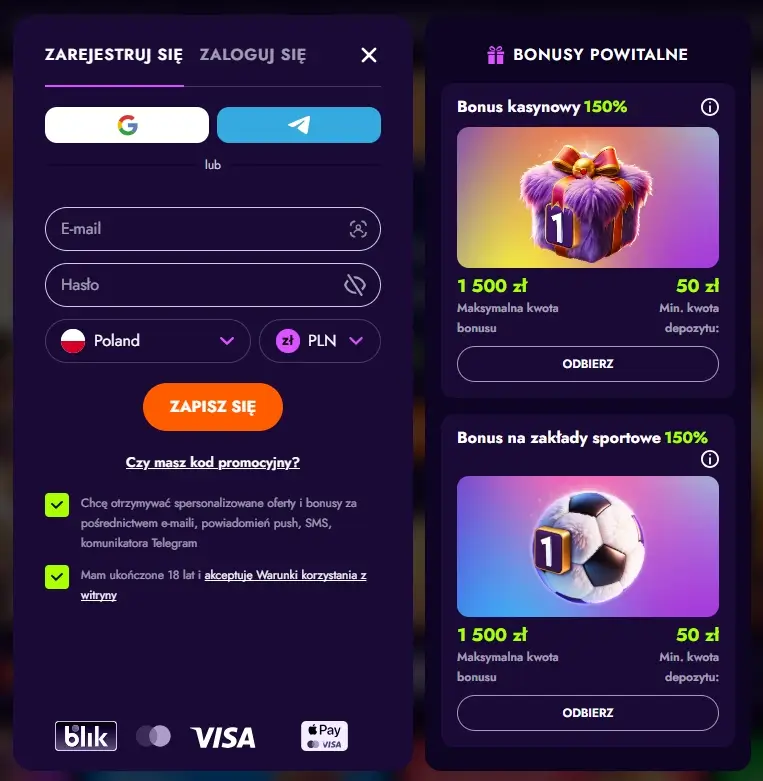 Formularz rejestracji w Irwin Casino